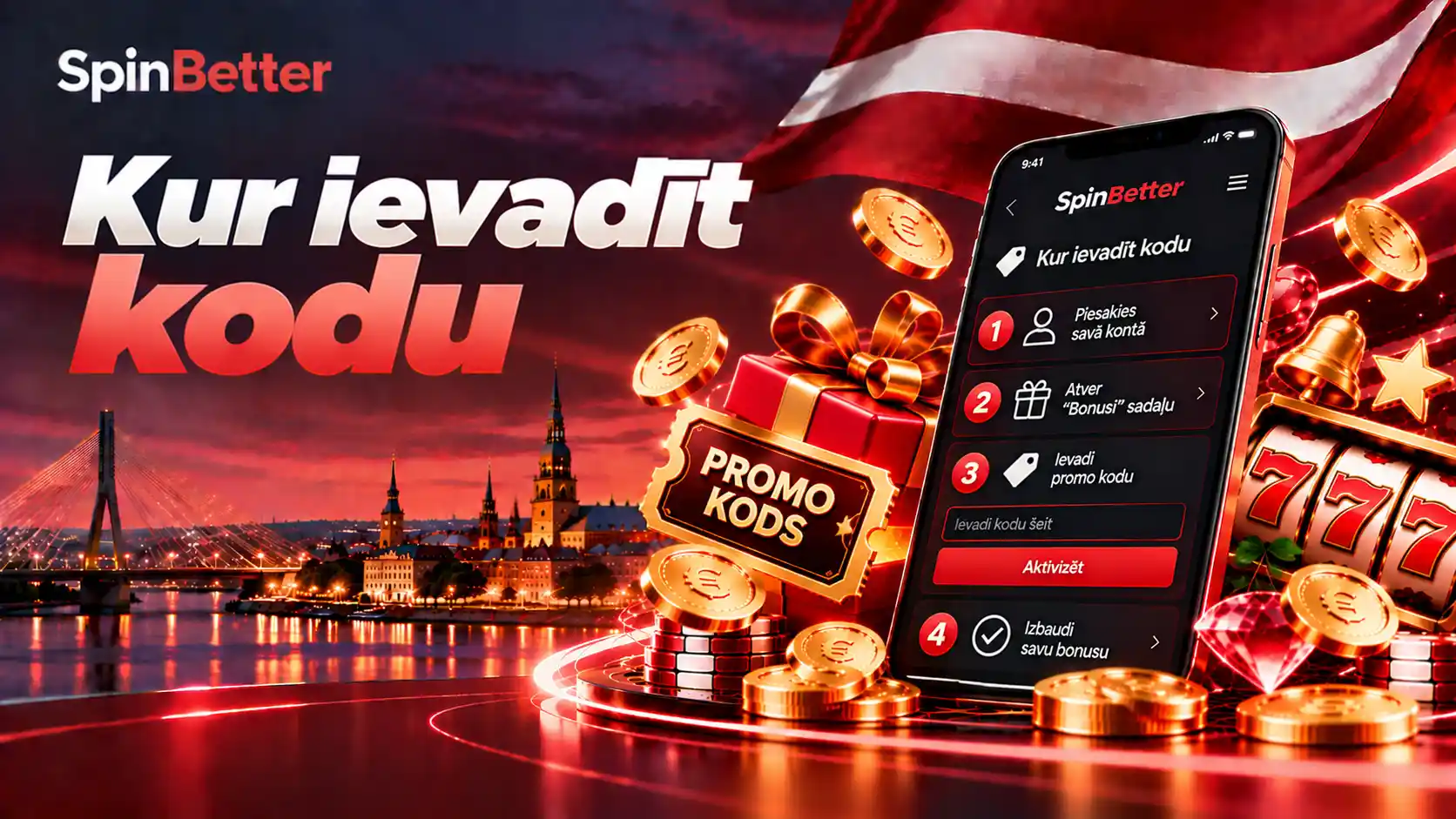 Kur ievadīt SpinBetter promo kodu: tukšs koda lauks ar kursoru uz tumša stikla