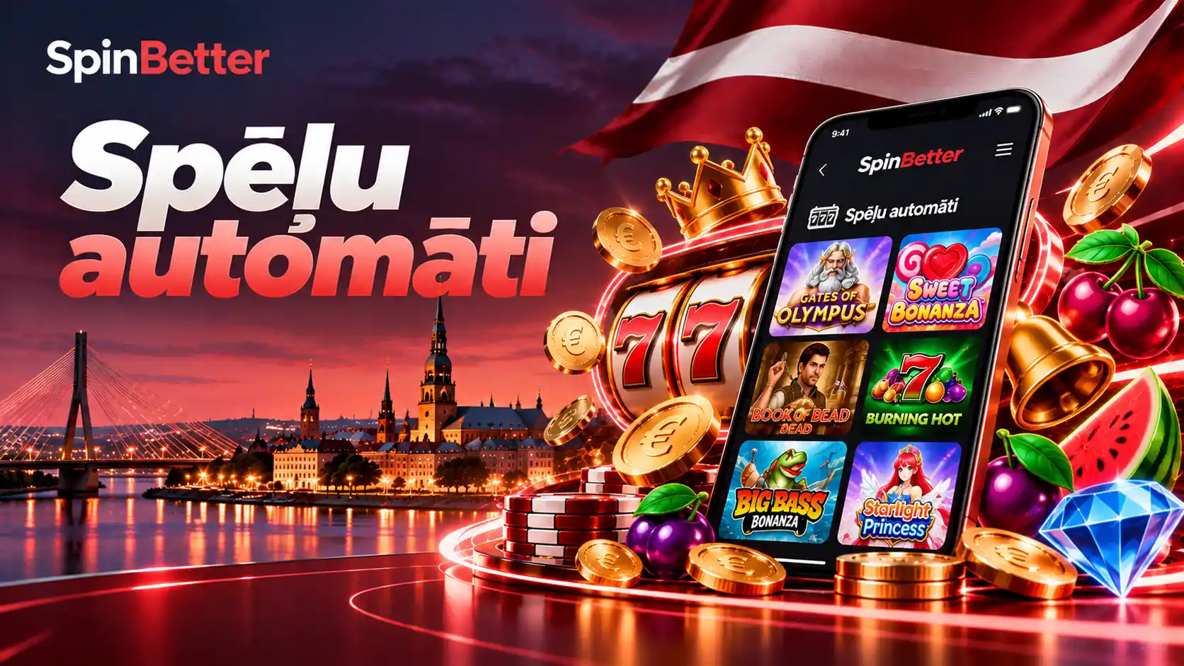 SpinBetter casino spēļu automāti ar trim ritiņiem, septiņniekiem un monētu birumu
