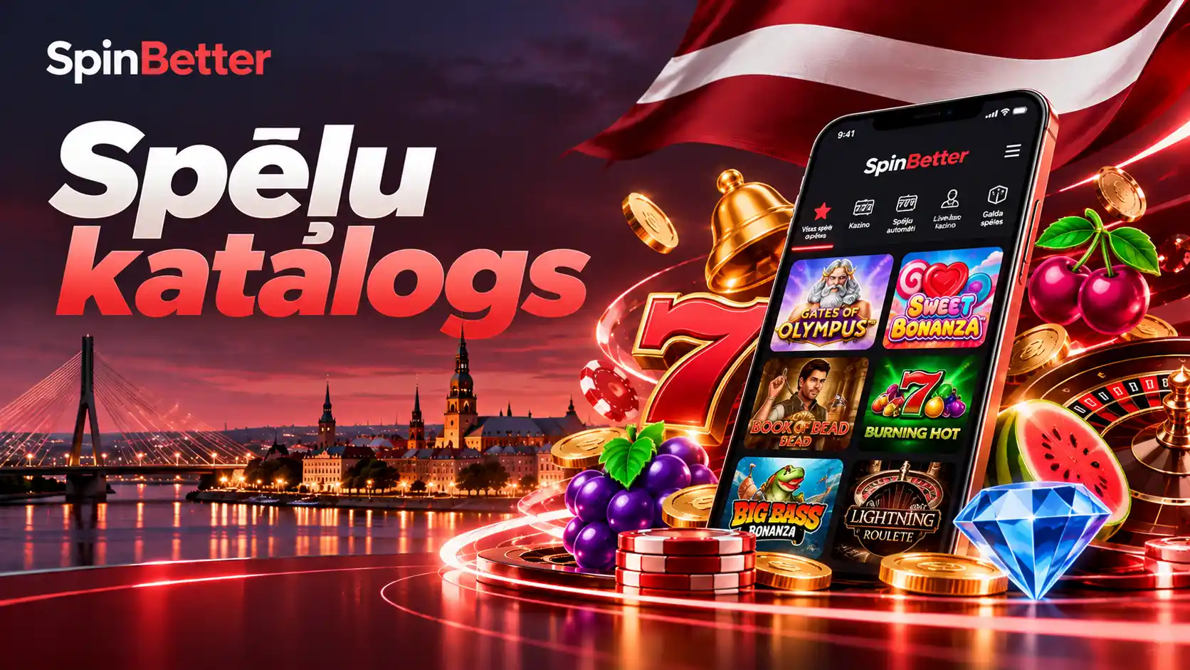SpinBetter casino spēļu katalogs: ruletes ritenis, kārtis un kauliņi zem zelta kroņa