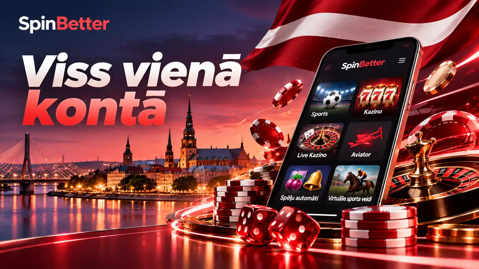 Viens SpinBetter konts, kas atver automātus, tiešraides galdu un sporta likmes